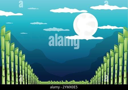 Rows of bamboo shoots are growing under a full moon, creating a serene and tranquil atmosphere Stock Vector
