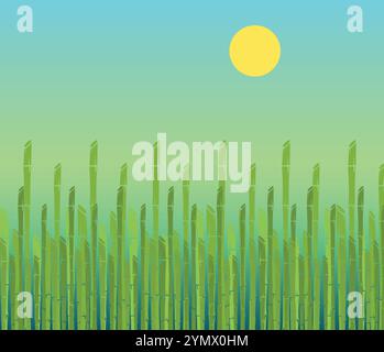 Minimalist illustration featuring a dense bamboo forest growing under a yellow sun in a serene natural setting Stock Vector