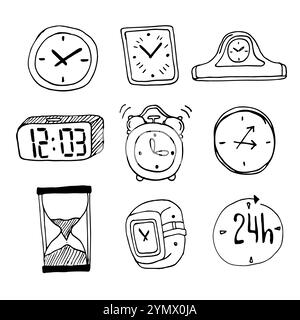 Set of doodle sketch watches. Alarm clocks, sand glasses, stop-watch and timer. Time icon in Hand-drawn style. Vector illustration. Stock Vector