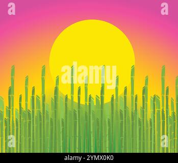Minimalist illustration featuring a dense bamboo forest growing under a yellow sun in a serene natural setting Stock Vector