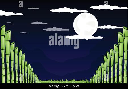 Rows of bamboo shoots are growing under a full moon, creating a serene and tranquil atmosphere Stock Vector