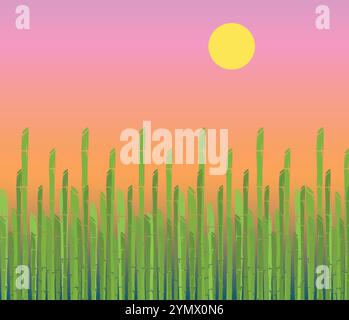Minimalist illustration featuring a dense bamboo forest growing under a yellow sun in a serene natural setting Stock Vector