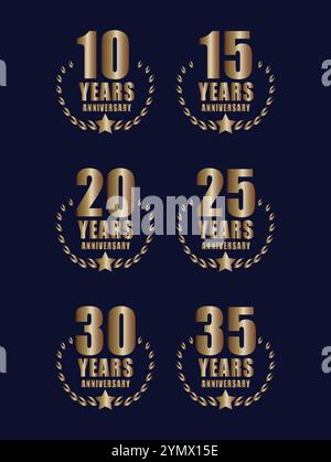 Golden anniversary logos with laurel wreaths and stars, commemorating 10, 15, 20, 25, 30, and 35 years of achievement Stock Vector