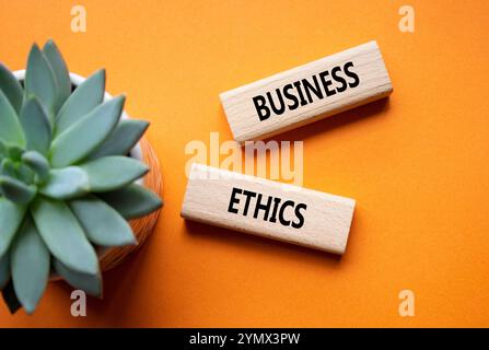 Business ethics symbol. Concept word Business ethics on wooden blocks. Beautiful orange background with succulent plant. Business and Business ethics Stock Photo