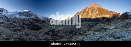 Panoramic view of Nant Ffrancon valley and Pen Yr Ole Wen in winter, Snowdonia National Park, North Wales Stock Photo