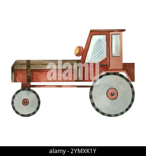 Red garden tractor with gray wheels and a large body, hand-drawn in watercolor on a white background. Watercolor illustration. Suitable for printing Stock Photo