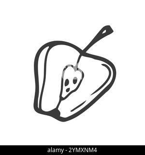 Apple slice sketch. Black line fruits illustration set. Graphic vector sketch in hand drawn style. Fresh tropical elements Stock Vector
