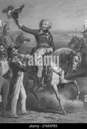 Jean-Baptiste Kléber (1753-1800). French general. He took part in the Egyptian campaign. Kléber at the Battle of Heliopolis, 20 March 1800. Drawing by Eugène Charpentier. Engraving by Vallot. 'Histoire du Consulat et de l'Empire' (History of the Consulate and the Empire of France under Napoleon), by A. Thiers. Volume II. Published in Paris, 1847. Author: Eugène Charpentier (1811-1890). French painter. Philippe Joseph Augustin Vallot (1796-1870). French engraver. Stock Photo