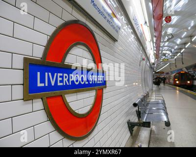 London Underground roundel sign at Liverpool Street station, UK Stock Photo