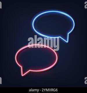 Neon speech bubbles. Red and blue thinking comic bubbles with space for text on the transparent background, chat boxes. Neon light sign glowing frame. Vector versus concept. Stock Vector