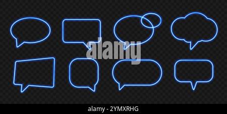 Neon speech bubbles. Bright light frames for quotes and text. Neon blue light speech bubble promotion banner, glowing price tag, luminous discount borders. Vector set. Stock Vector