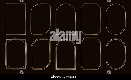 Golden frame. Art deco gold geometric frames, luxury rectangular linear borders for wedding invitation, minimalistic aesthetic. Shiny vintage subtle banner border vector set. Stock Vector