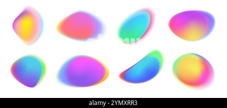 Color gradient circle. Holographic iridescent shapes, abstract color round blobs with soft blend of neon light, vibrant gradient blur liquid circles. Vector set. Stock Vector
