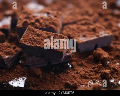 Broken homemade dark chocolate with cocoa powder on it. Low key. Close up. Stock Photo