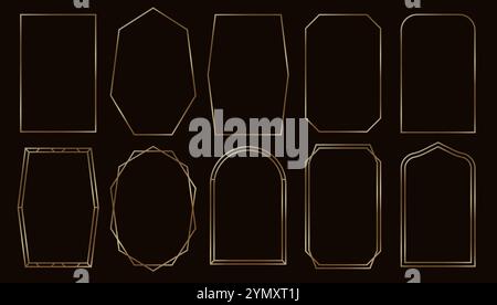 Simple golden frames. Thin gold borders in art deco retro style. Subtle linear shining rectangular photo frame, brass glowing shiny boarder. Vector luxury minimalist windows. Stock Vector