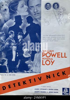 Czech Trade Ad for WILLIAM POWELL MYRNA LOY JAMES STEWART ELISSA LANDI JESSIE RALPH and ASTA the Dog in AFTER THE THIN MAN / DETEKTIV NICK 1936 director W.S. VAN DYKE Metro Goldwyn Mayer (MGM) Stock Photo