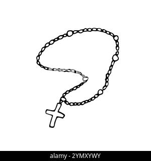 Rosary Beads with cross. Religious christian symbol. Vector Illustration in doodle style. Isolated vector Stock Vector
