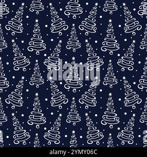 Seamless Vector Pattern with Christmas Trees, stars and snow hand-drawn. On A Dark blue Background. Ideal For Printing On Textiles And Fabric Prints Stock Vector