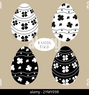 Vector Easter eggs, collection of black and white prints. Easter eggs with floral and linear hand-drawn patterns highlighted on a white background. Stock Vector