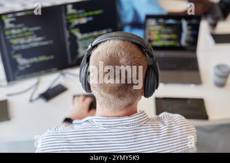 Person wearing headphones working on codes with multiple screens in busy office environment. Detailed view of workstation with visible codes and progr Stock Photo