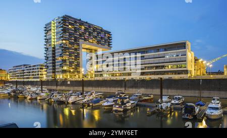 Marina, Kranhaus, Rheinauhafen, Cologne, North Rhine-Westphalia, Germany, Europe Stock Photo