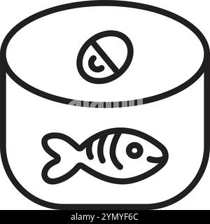 Fish canned food, seafood preserves jar, black editable stroke, vector single monochrome illustration, nautical pictogram Stock Vector