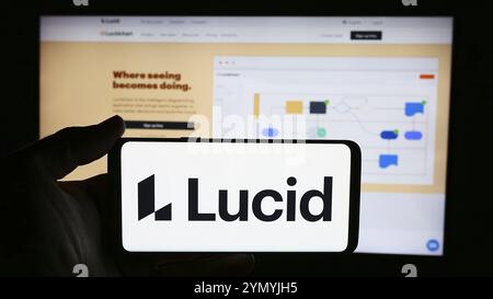 Stuttgart, Germany, 06-11-2024: Person holding cellphone with logo of US collaboration suite company Lucid Software Inc. in front of business webpage. Stock Photo