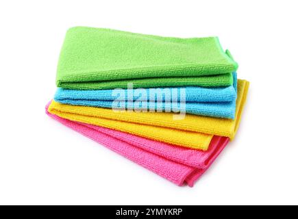 Stack of different microfiber cloths isolated on white Stock Photo