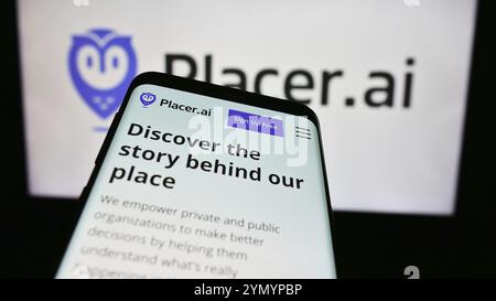 Stuttgart, Germany, 05-08-2024: Mobile phone with website of US traffic analytics software company Placer Labs Inc. in front of business logo. Focus o Stock Photo