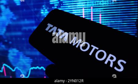 Konskie, Poland - November 23, 2024: Tata Motors company logo displayed on mobile phone Stock Photo