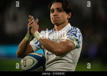 Torino, Italia. 24th Nov, 2024. Italy's full back Ange Capuozzo after the Autumn Nations Series International rugby union test match between Italy and New Zealand at the Allianz Stadium in Turin, Italy - News - Saturday, November 23, 2024. (Photo by Marco Alpozzi/Lapresse) Credit: LaPresse/Alamy Live News Stock Photo