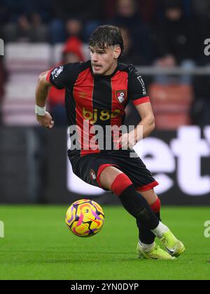 Bournemouth, UK. 23rd Nov, 2024. Bournemouth, England, Nov 23rd 2024: Bournemouth's Milos Kerkez during the Premier League football match between Bournemouth and Brighton & Hove Albion at the Vitality Stadium in Bournemouth, England. (David Horton/SPP) (David Horton/SPP) Credit: SPP Sport Press Photo. /Alamy Live News Stock Photo