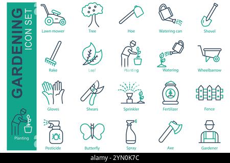 Gardening icon set. line icon style. icon related to garden. planting, watering, tree, and more. gardening element vector illustration Stock Vector