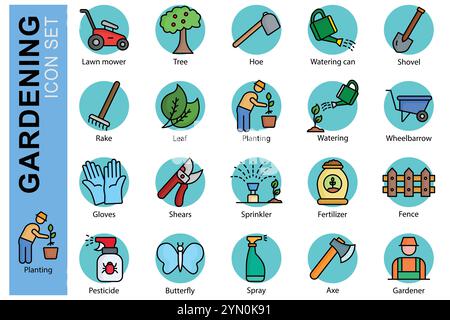 Gardening icon set. colored outline icon style. icon related to garden. planting, watering, tree, and more. gardening element vector illustration Stock Vector