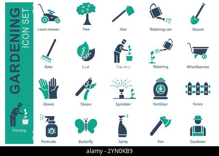 Gardening icon set. solid icon style. icon related to garden. planting, watering, tree, and more. gardening element vector illustration Stock Vector