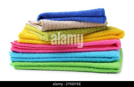 Stack different microfiber cloths isolated on white Stock Photo