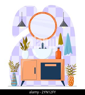 Modern bathroom concept. Sink with cosmetics. Creams and lotions, moisturizer. Cleanliness and hygiene. Scandinavian washbasin. Flat vector Stock Vector