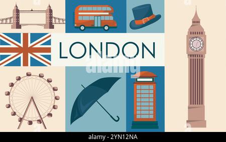 London icons set. Big Ban, double decker bus, hat and black umbrella, telephone booth, ferris wheel and British flag. International landmark. Travel Stock Vector