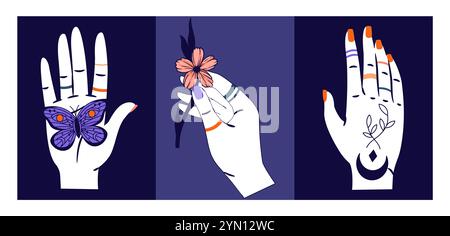 Posters with witch hands set. Astrology and tarot cards. Arms with tattoes with flower and butterfly. Mysticism and esotericism. Magic and witchcraft Stock Vector