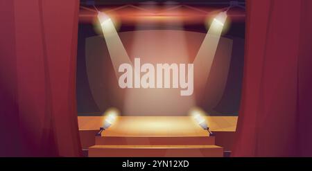 Theater stage concept. Pedesetal and scene with red curtains. Place for performance and concert. Spotlights under stage. Background and backdrop. Flat Stock Vector