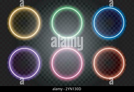 Set of neon circles. Yellow, green, blue, viole, pink and orange light sources. Templates for product presentation. Realistic vector collection Stock Vector