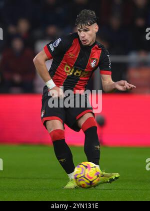 Bournemouth, UK. 23rd Nov, 2024. Bournemouth, England, Nov 23rd 2024: Bournemouth's Milos Kerkez during the Premier League football match between Bournemouth and Brighton & Hove Albion at the Vitality Stadium in Bournemouth, England. (David Horton/SPP) (David Horton/SPP) Credit: SPP Sport Press Photo. /Alamy Live News Stock Photo