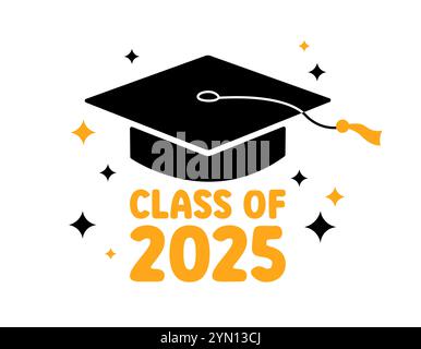 Class of 2025 Graduation greeting card, poster. Vector flat illustration. Black color academic cap and golden 2025 numbers on white background. Mortar Stock Vector