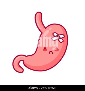 Stomach character designed in kawaii style, representing a diseased organ from the digestive system. Related to bariatrics, gastritis, and ulcers Stock Vector