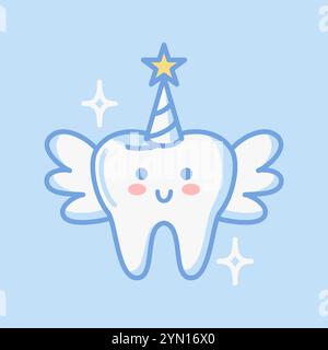 Tooth fairy with wings. Cute cartoon character in kawaii style. Vector illustration, flat style. For sticker, books, design element. Medical brochure Stock Vector