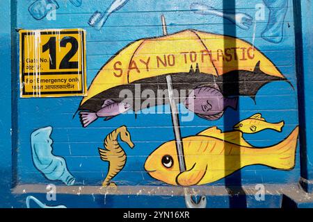 A cartoonish mural in Mumbai, India, with an underwater theme, creating awareness about plastic pollution in the ocean and environment in general Stock Photo