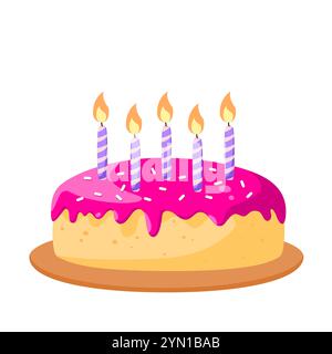 Birthday cake for girls with pink mastic and candles on a white background. Stock Vector