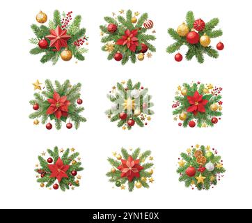 Christmas decorations featuring festive arrangements of pine, poinsettia, and ornaments. Perfect for winter holiday cards, seasonal designs. Stock Vector