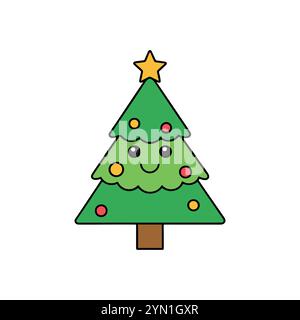 Xmas Tree Clipart, Christmas Tree Cartoon, cute smiling christmas tree, Kawaii drawing. Vector illustration. Stock Vector