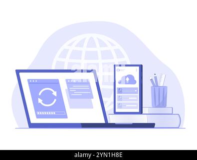Laptop Computer Syncing Data Files with Smartphone for Wireless Connection Technology Concept Illustration Stock Vector